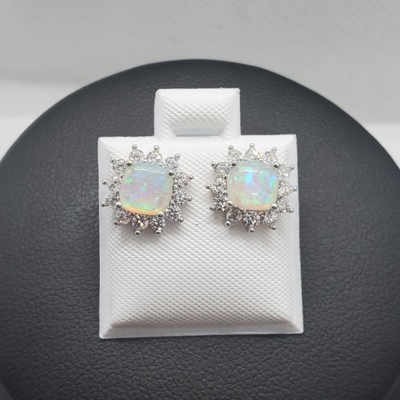 Silver 925 Rhodium Plated Opal Sun CZ Stud Earring and Necklace Set